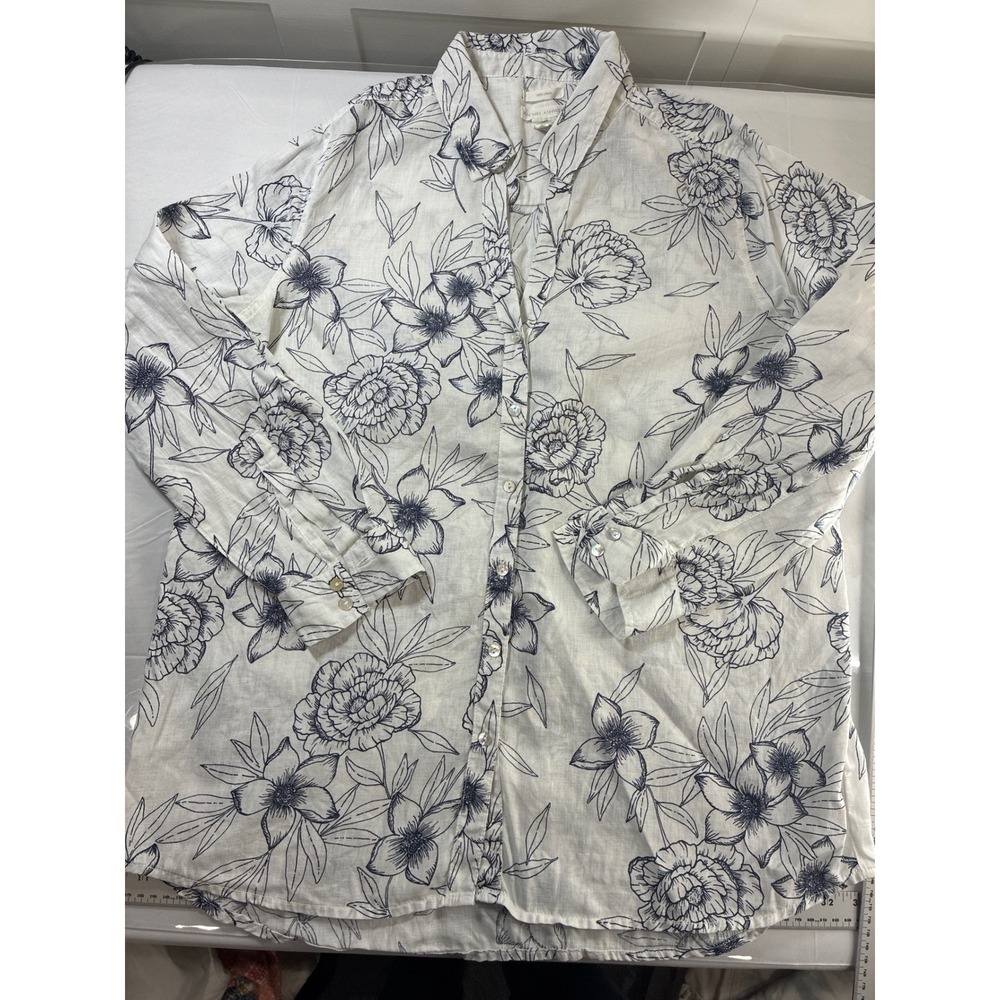 Rachel Ashwell Womens Large Linen Button Down Shirt Floral Botanical Navy White - Picture 2 of 11